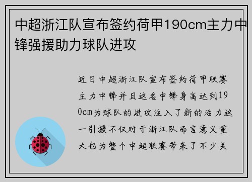 中超浙江队宣布签约荷甲190cm主力中锋强援助力球队进攻