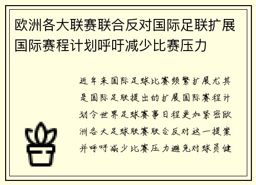 欧洲各大联赛联合反对国际足联扩展国际赛程计划呼吁减少比赛压力 欧洲各大联赛联合反对国际足联扩展国际赛程计划呼吁减少比赛压力